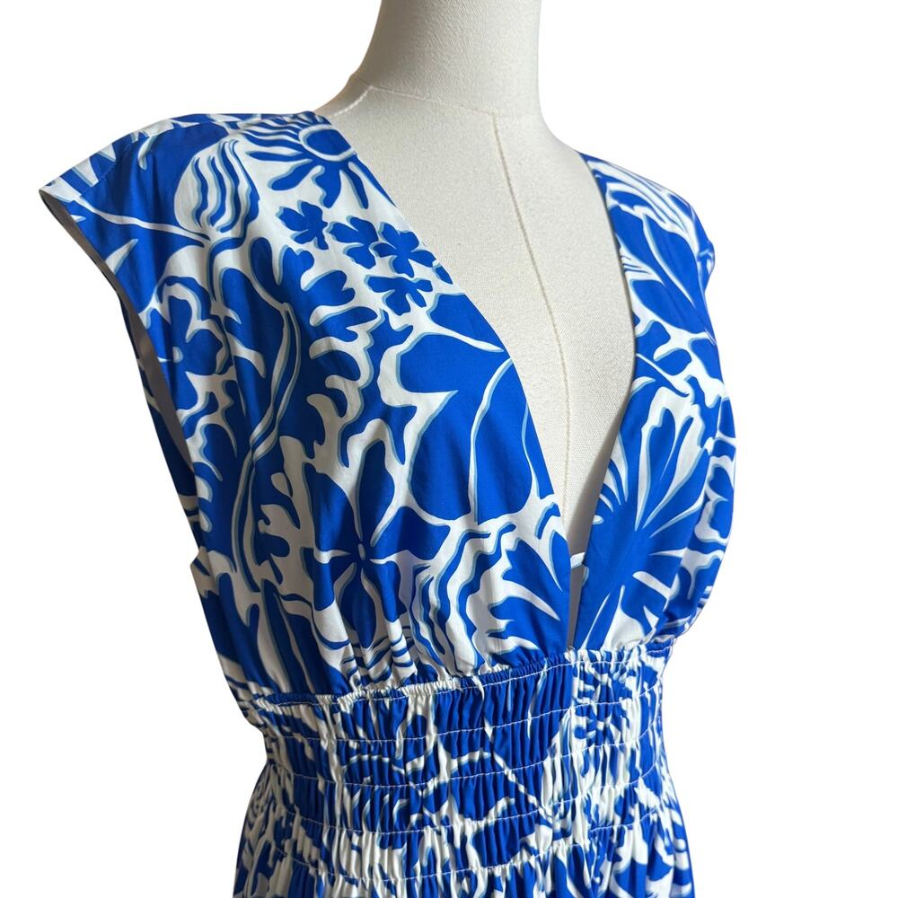 Rails Roxanne Dress XL Blue Riviera Tropical Floral Smocked Waist Midi - Picture 9 of 16